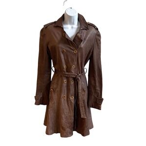 Blur Leather Trench Coat Women Brown Dark Academia Belted Contrast Stitch Jacket